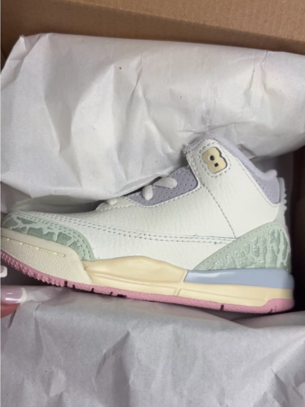 Jordan Kids White High-Top Sneakers with Pastel Mint, Lavender & Pink Accents